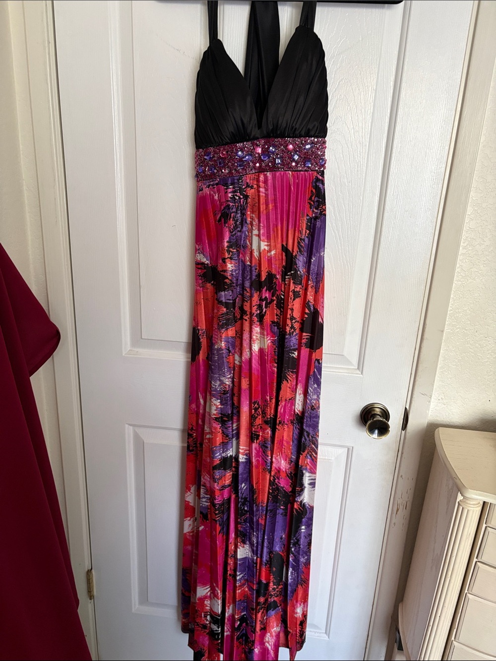 Black Halter Maxi Dress with Pink & Purple Abstract Skirt